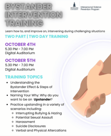 Flyer advertising two-day Bystander Intervention Training from IVPP, with image of two hands grasping each other's wrists.