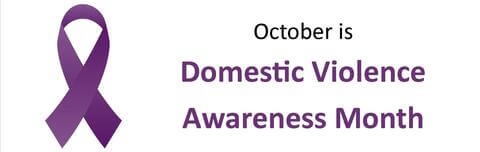 Purple Ribbon next to the words, "October is Domestic Violence Awareness Month," over a white background.